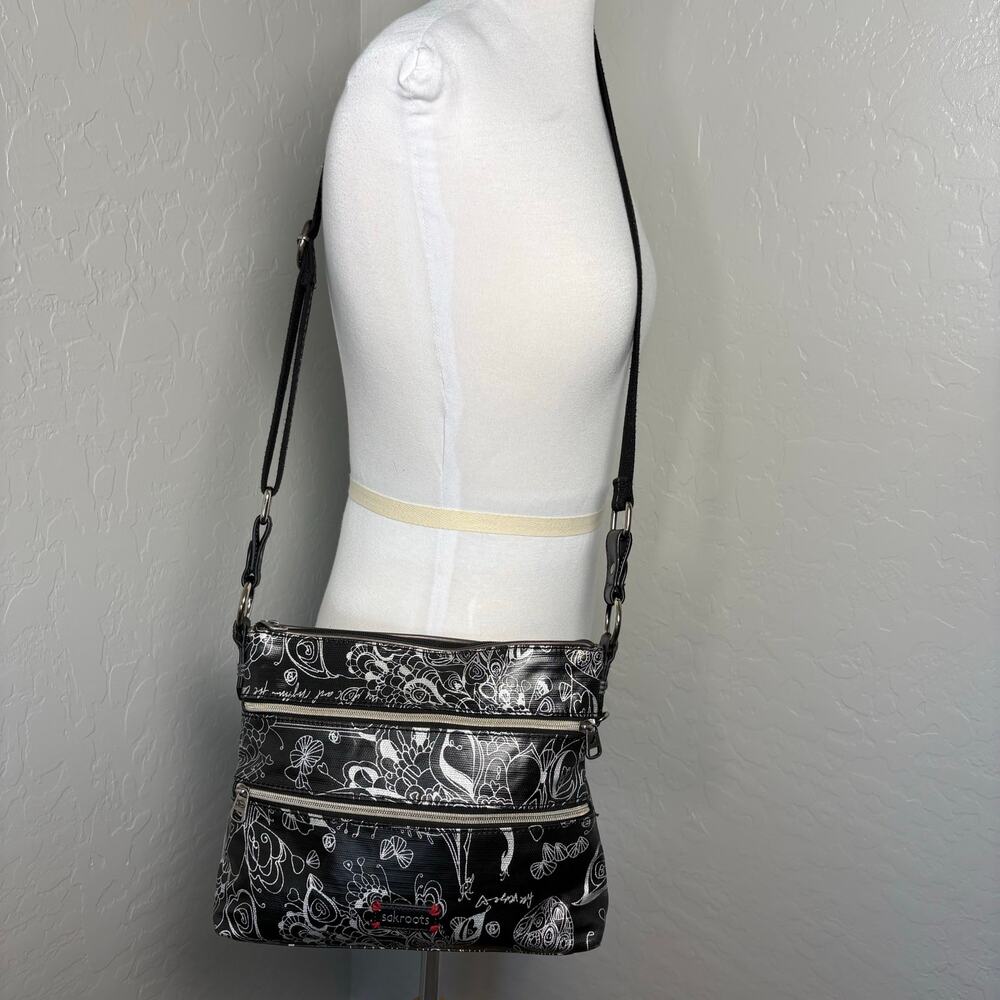 Sakroots Black Silver Peace Crossbody Organizer Bag Triple Zip Adjustable Strap - Picture 6 of 14